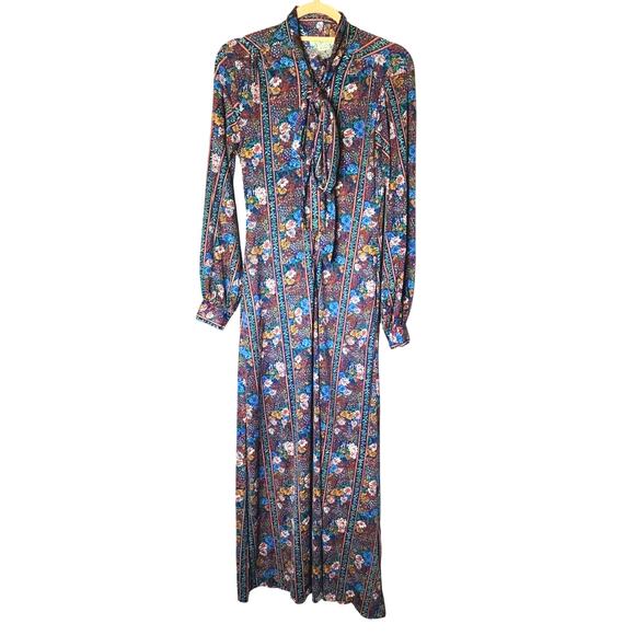 VTG 70s Huk A Poo Floral Maxi Dress Medium Long sleeve modest Prairie cottage - Picture 1 of 6